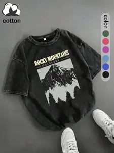 Women's Street Retro Style Interesting Mountain Landscape Print Washed Distressed Pullover Short Sleeves Fitted Tee, Vintage Cotton Casual Round Neck Suitable for Outdoor Activities, Women's Summer Wear