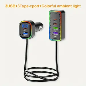 6 in 1 Car Charging Extension Fast Car Charger with 3 Type C and 3 USB Ports Front and Rear Seat Charging Cable Ambient LED Light Anti Slip Clip Long Cord Car Power Adapter for iPhone Android Tablet GPS Road Trip Essentials Car Accessories Multi Device