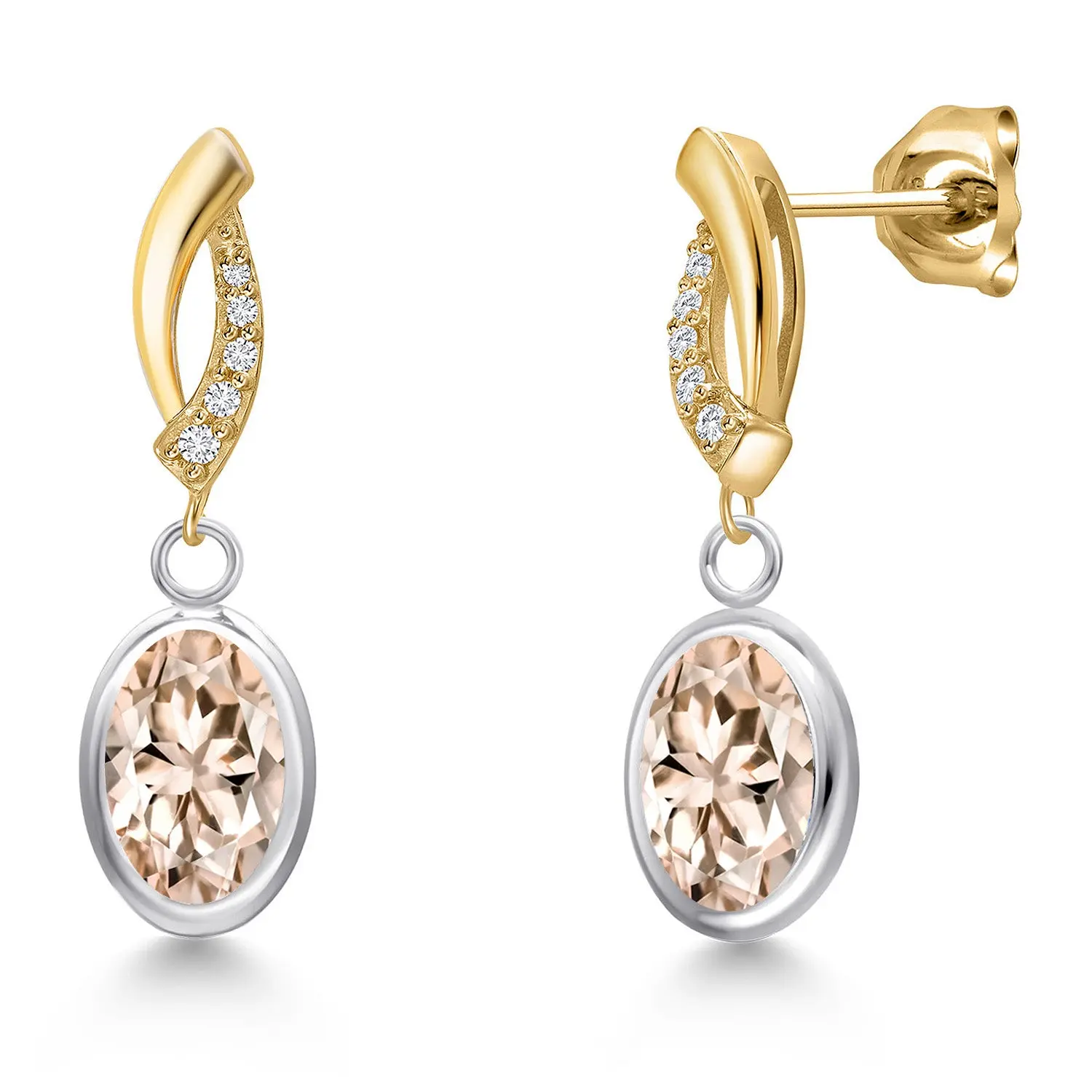 925 Silver and 10K Yellow Gold Peach Morganite and Lab Grown Diamond Dangle Earrings for Women | 2.05 Cttw | Gemstone October Birthstone | Oval 8X6MM
