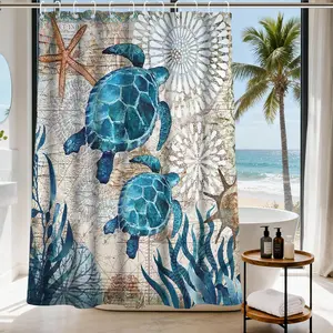 Nautical Green Sea Turtles Beach Theme Fabric Shower Curtain Sets Bathroom Blue Ocean Decor with Grommets and Hooks