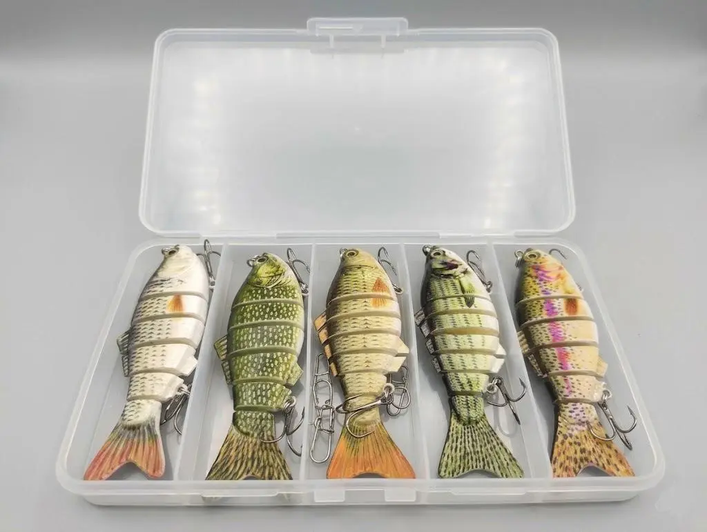 Reel Bait Co Multi-Jointed Swimbait Pack Fishing Lures Bionic (5-Piece) - Real Swimming Action Segmented Hard Bait Set for Bass, Trout, & Pike with Tackle Box