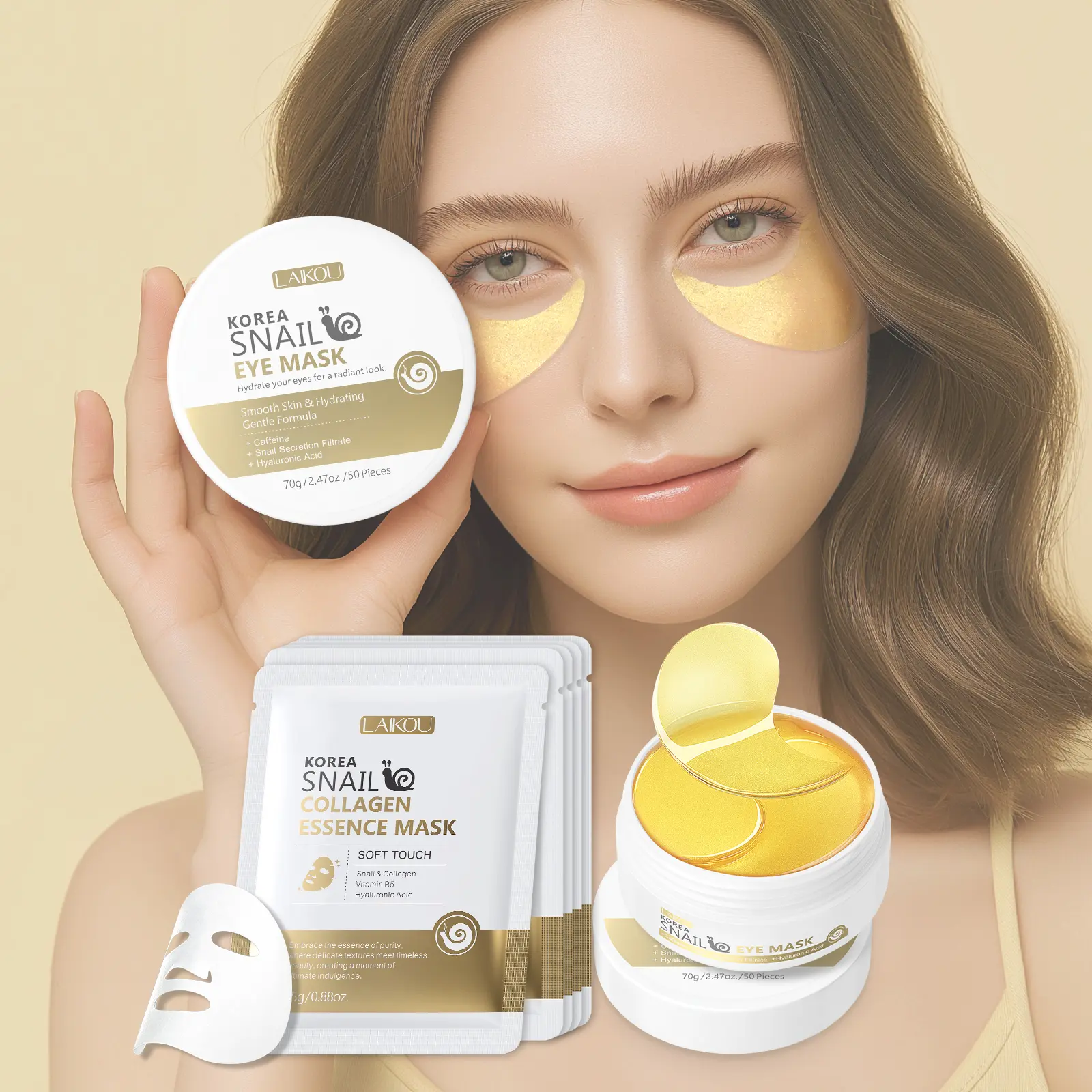 LAIKOU Korea Snail Eye Mask 70g/50pcs, Hydrating Repairing Anti-Aging Under Eye Patches