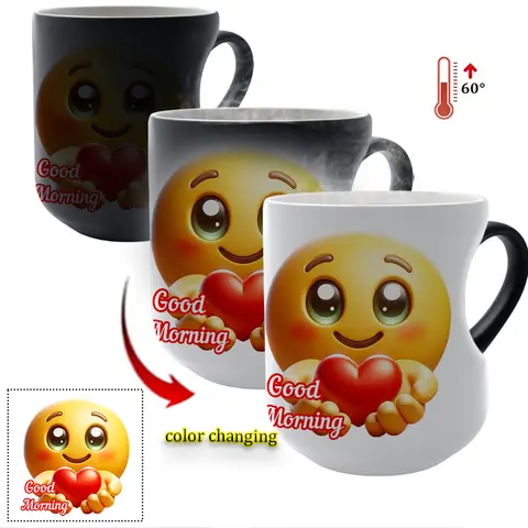 Thermosensitive Ceramic Mug Good Morning Heart Cup TransformationMagic Color - Changing Mug Heart - Handle Mug, 11 oz/330 ml, Funny Beverage Mug Christmas Gift for Friends, Ceramic Printed Drinkware
