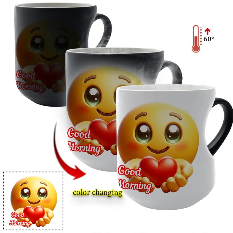 Thermosensitive Ceramic Mug Good Morning Heart Cup TransformationMagic Color - Changing Mug Heart - Handle Mug, 11 oz/330 ml, Funny Beverage Mug Christmas Gift for Friends, Ceramic Printed Drinkware
