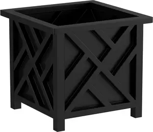 Lattice Design Planter Box – 14.75-Inch-Square Decorative Outdoor Flower or Plant Pot – Front Porch, Patio, and Garden Decor (Black)