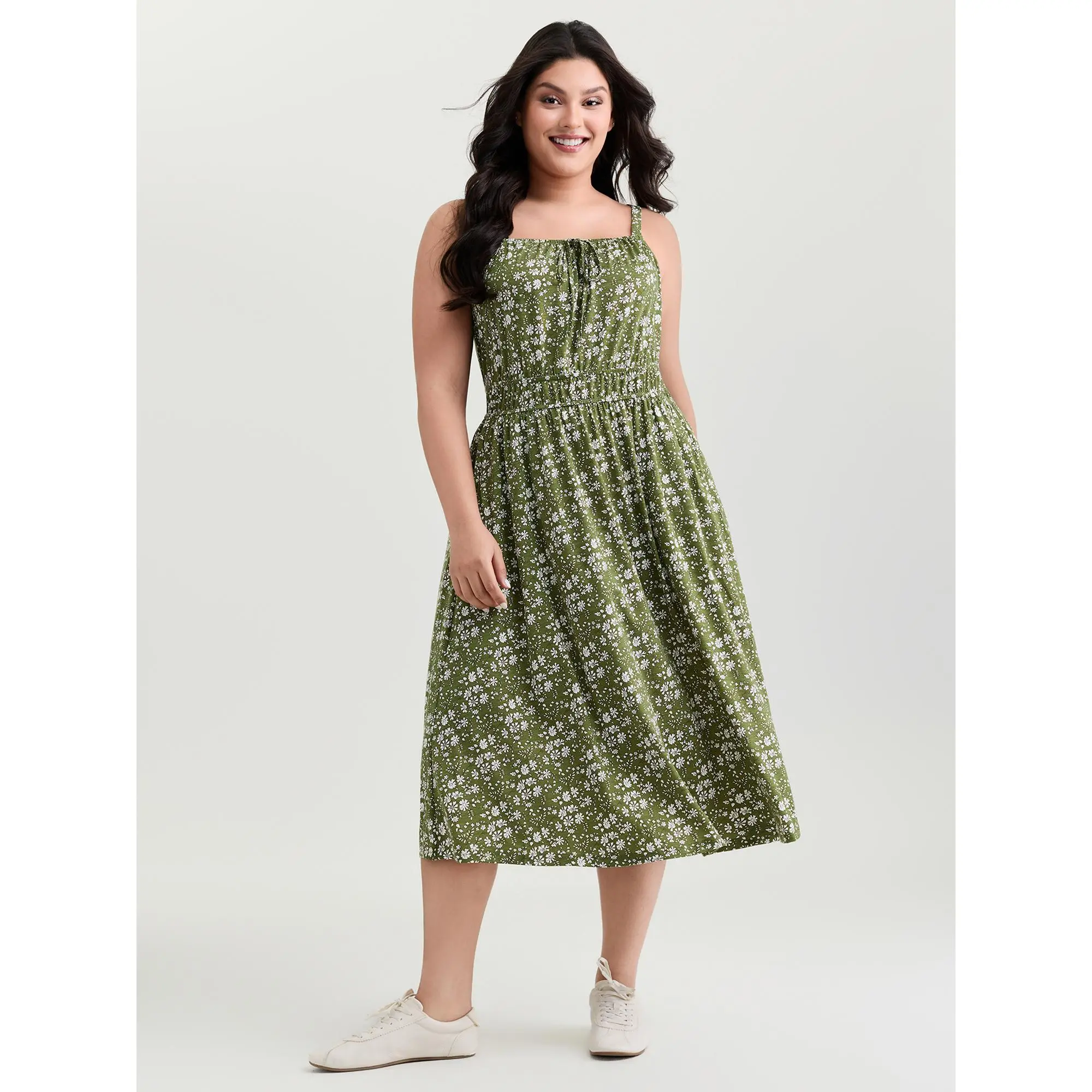 BLOOMCHIC Women's Plus Size Dense Flowers Print Cinched-Waist Sleeveless Midi Dress - Spandex Fabric, Bohemian Fashion Casual Wear, Flattering Fit, Pocket Design, Size M-6X,  Womenswear,Summerfinds