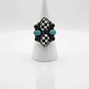 Adjustable Sterling Silver Checkerboard, Turquoise & Black Onyx