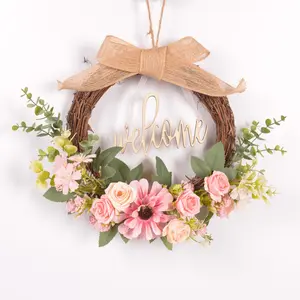 Nordic Style Faux Flower Vine Wreath with Welcome Sign Wall Decor, Creative Faux Flower Ring Spring Door Hanging Home Decoration