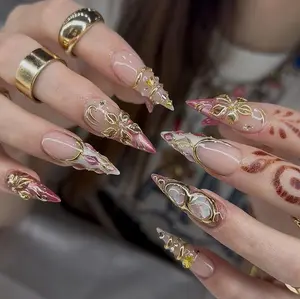 Gold Ornate Floral Press On Nails | Pink Jewelry Accent Design | Luxury Stiletto Set