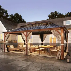 12' x 20' Hardtop Gazebo Faux Wood Grain Metal Gazebo with Aluminum Frame, Galvanized Steel Double Roof, Outdoor Patio Gazebo Pergolas with Netting and Curtains for Backyard, Patio, Lawns