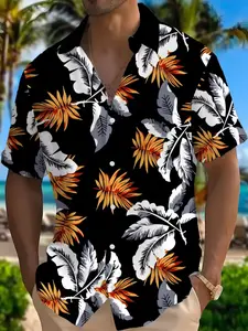 Men's Tropical Skull Floral Polo Short Sleeve Shirt, Casual Slim-Fitting Blouse, Comfortable Fabric, All over Print, Summer Fashion