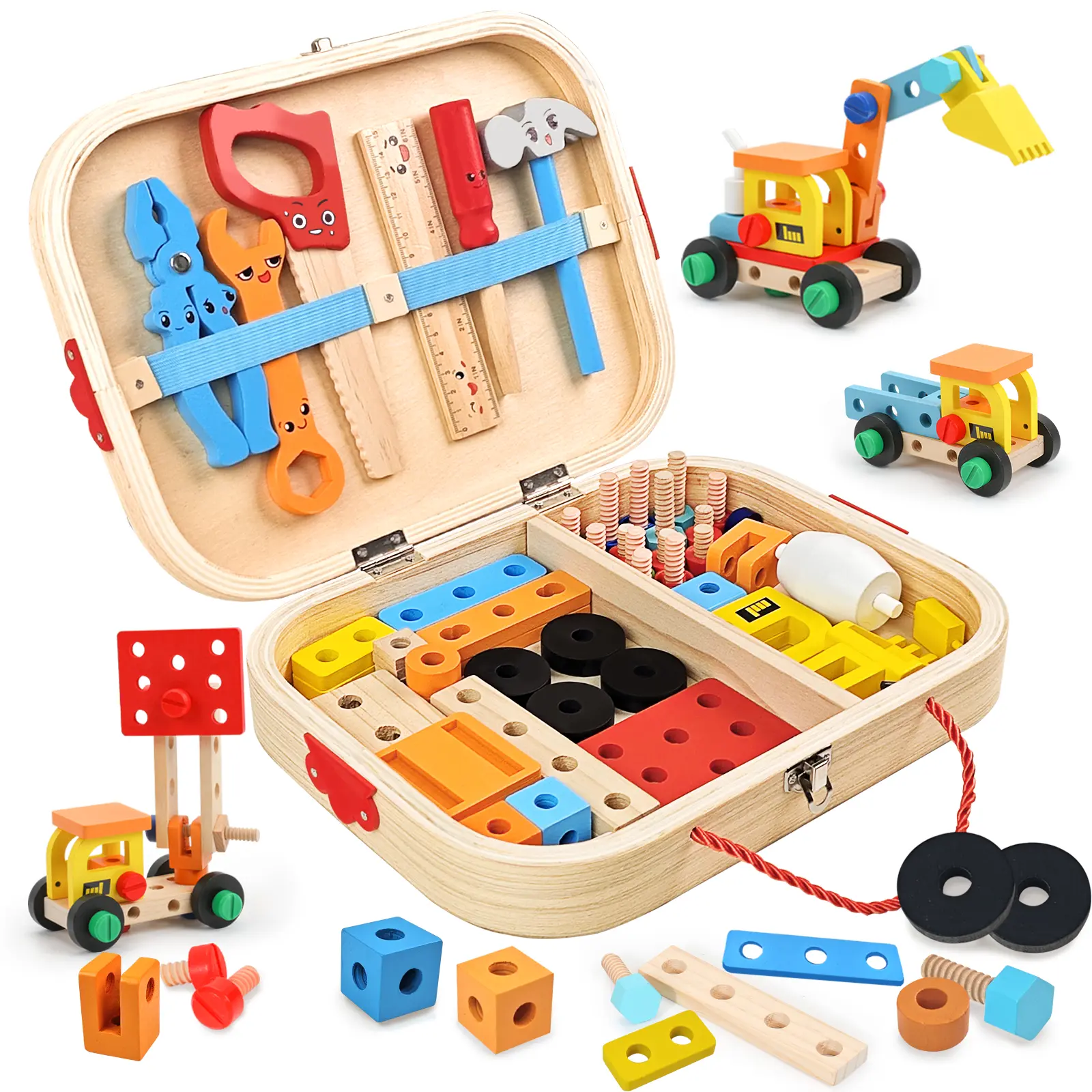 Wooden Kids Tool Set, Complete Pretend Play Construction Kit with Functional Tools for Toddlers 3-5, Perfect for STEM Learning and Screen-Free Fun, Montessori Educational Toy with Storage Box