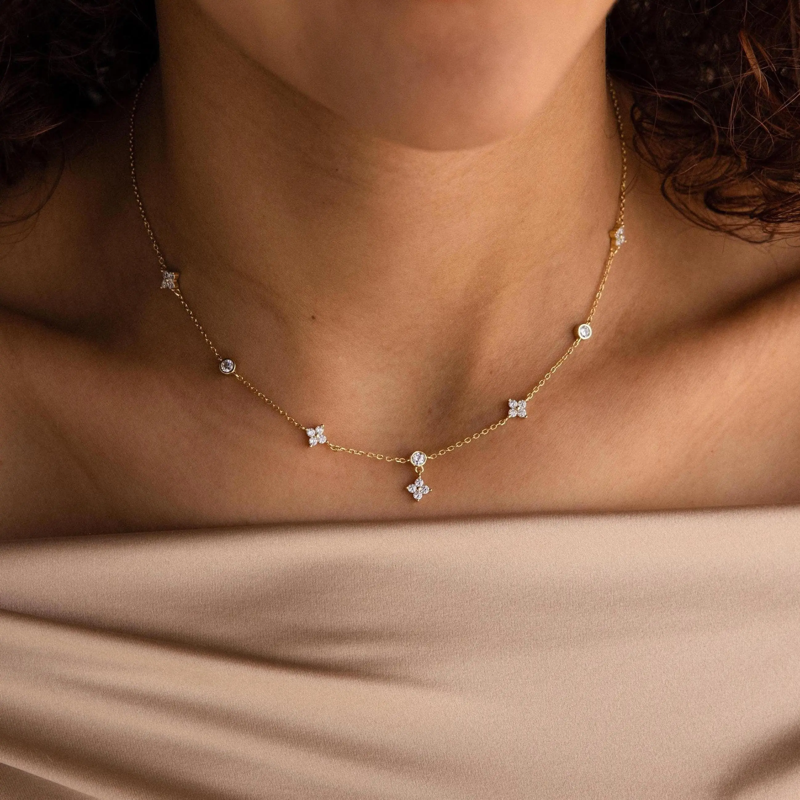 Ivy Diamond Station Necklace by Caitlyn Minimalist - Cubic Zirconia Flower Charm Necklace - Dainty Floral Jewelry - Best Friend Gift