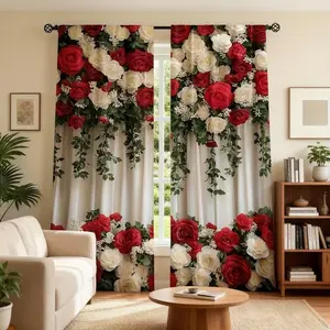 Elegant Rose Floral Print Curtains Set of 2, Rod Pocket Design, Bohemian Style, Polyester Fabric, Home Decoration Curtain, Living Room Bedroom Kitchen Office Decor