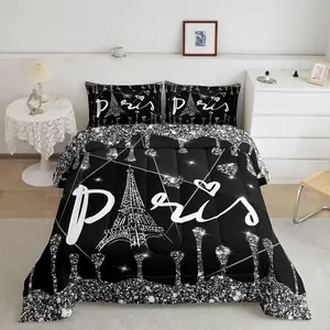 Eiffel Tower Designer Comforter Set,Paris Black  Diamond Sweetheart Comforter,Decor Luxury Bedding Set