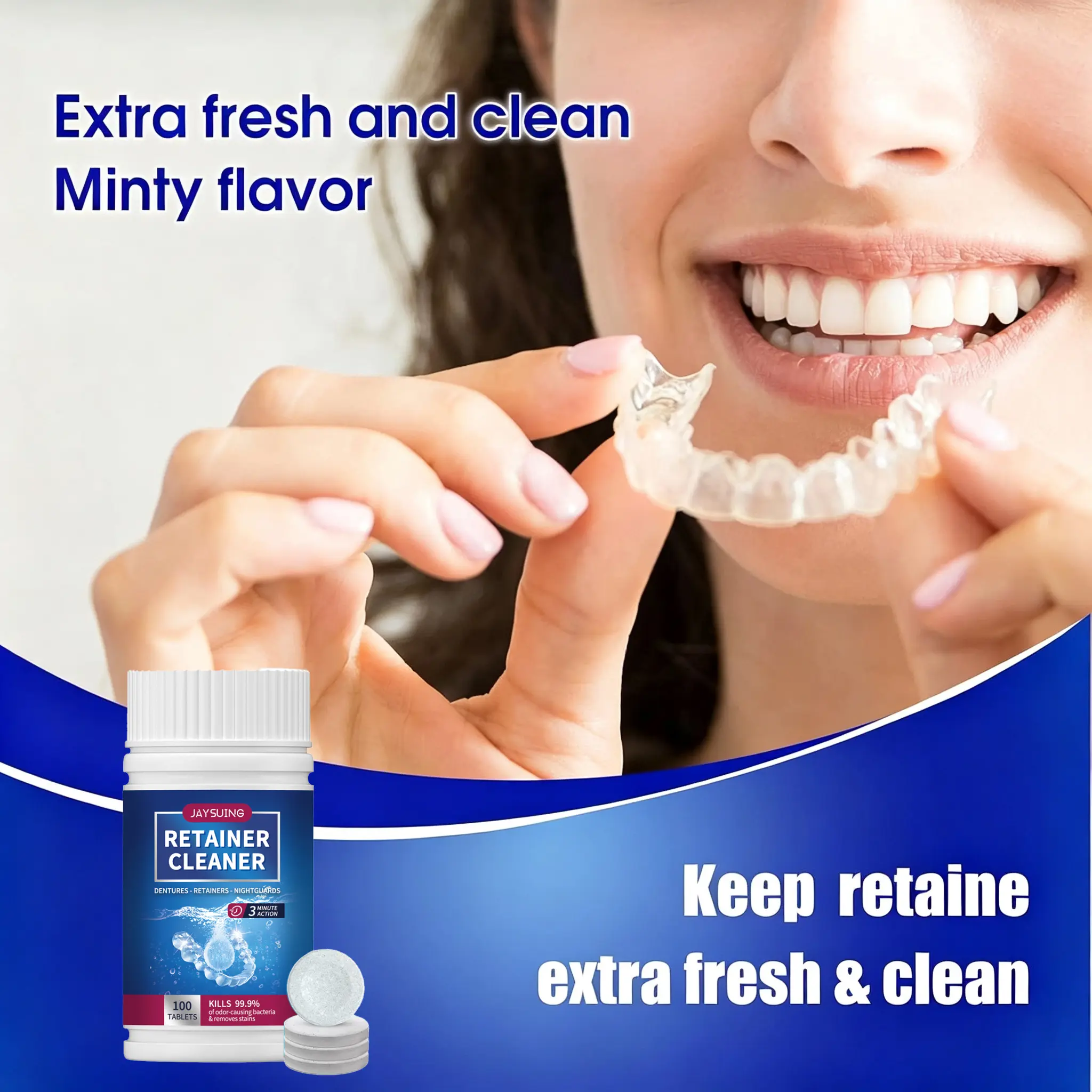 100 Count Oral Appliance Care Tablets, Daily Freshening Cleansing Tabs for Dentures, Retainers, Aligners & Night Guards, 3-Minute Fast Acting Household Oral Accessory Maintenance Tablets