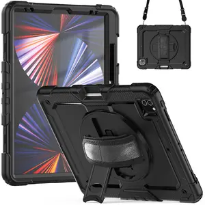 Case Compatible with iPad Pro 12.9 inch 6th/5th/4th Generation with Screen Protector Pencil Holder | Full Body Shockproof Rugged Protective Rubber Case W/Stand Strap | Black