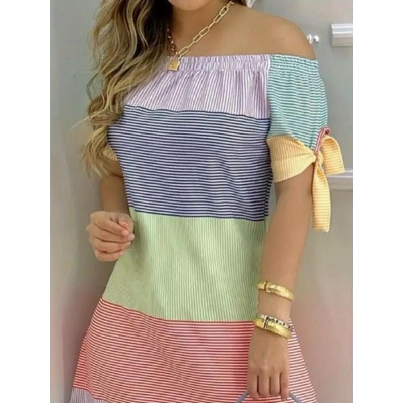 Women's Off-Shoulder Slim Fit Dress with Elegant Knot Detail - Knee-Length Short Sleeve Striped Summer Dress in Pastel Colors, Machine Washable for Spring & Summer Casual or Formal Wear, Short Sleeve Dress Collar Fabric Chic Womenswear