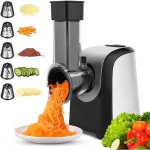 Electric Cheese Grater, 5 in 1 Professional Rotary Cheese Grater Vegetable Slicer, Electric Salad Shooter Spiralizer for Veggies, Grated Carrots, Salad, Broccoli Slaw, Cheeses, Fruits, 150W