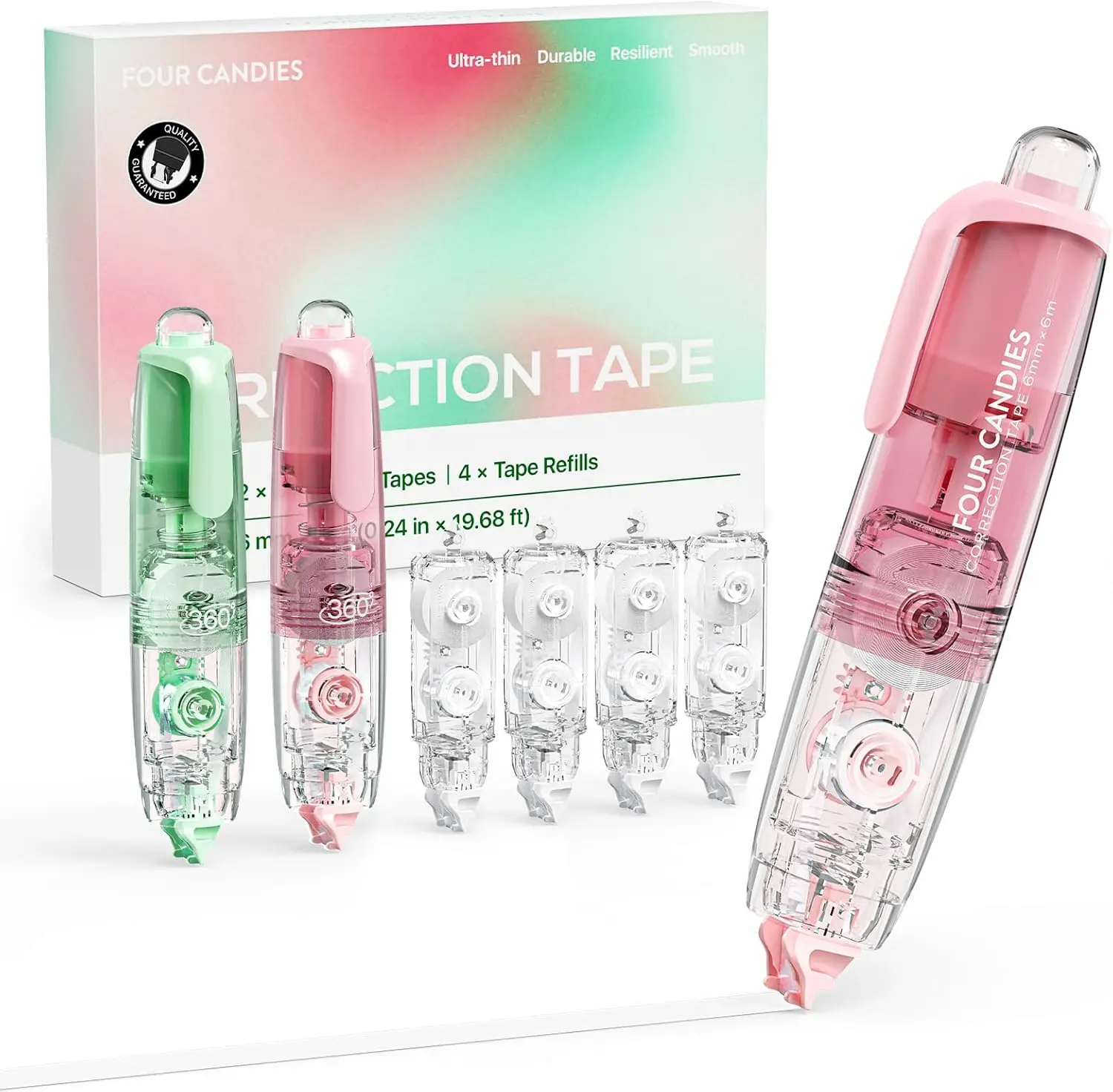 4 Candies Refillable Correction Tape Pens, 2-Pack with 4 Refills, 6mm White Tape for Scrapbooking, DIY Projects, Students & Office Supplies
