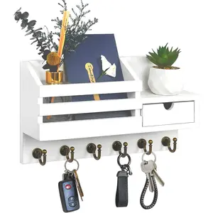 Key Holder Wall Mount: Key and Mail Holder for Wall with 6 Hooks and Storage Drawer, Easy Installation Key Rack for Entryway Home Decor (A-White)