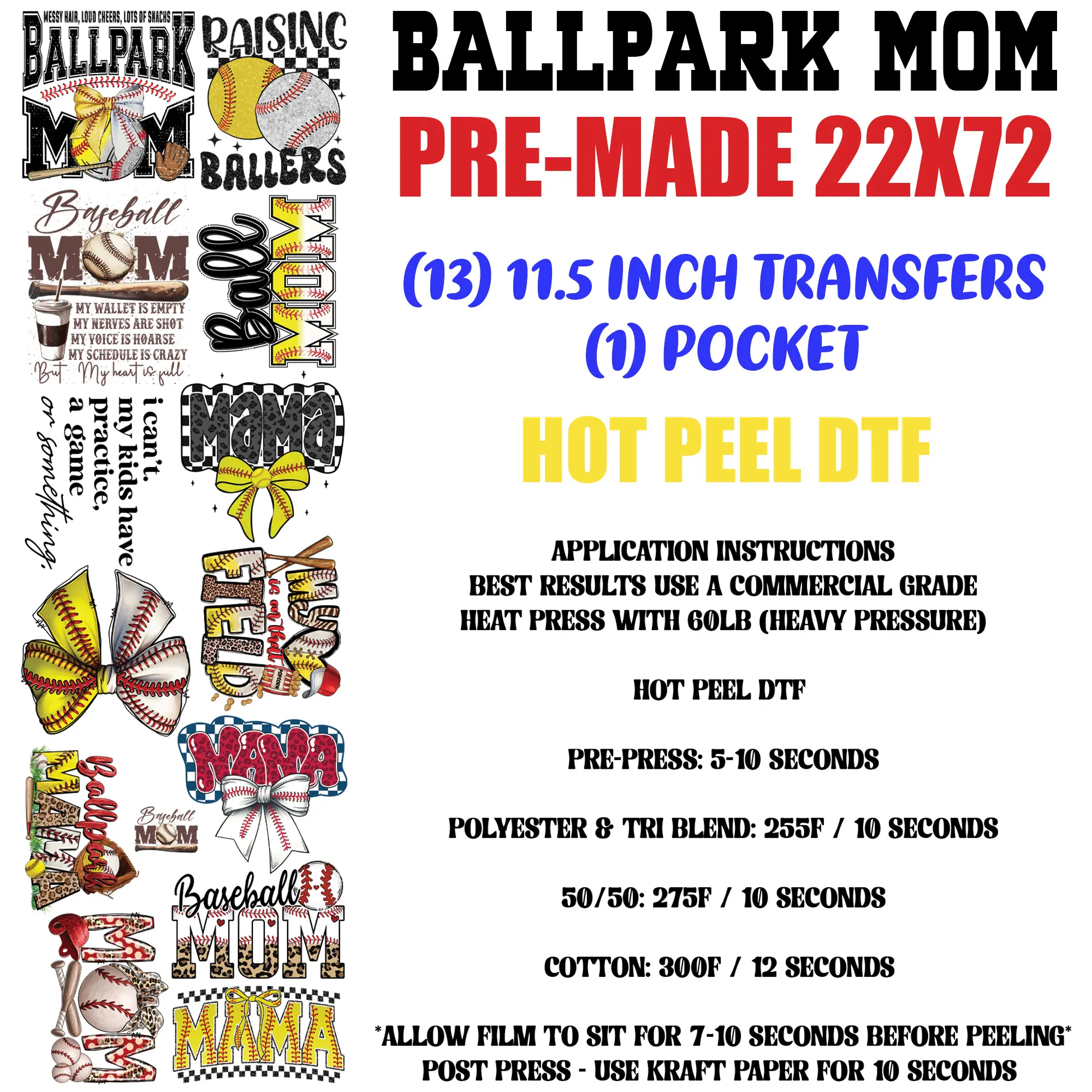 Ballpark Mama 22"x72" Pre-Made Hot Peel DTF Gang Sheet
