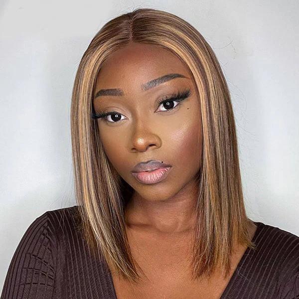 4/27 Highlight Ombre Bob Wig Glueless Ready Wear Go Wig Straight Honey Brown 6x4 HD Lace Front Wig 180% Short Bob Wig Pre plucked Natural Hairline Beginner Friendly Wig for Women