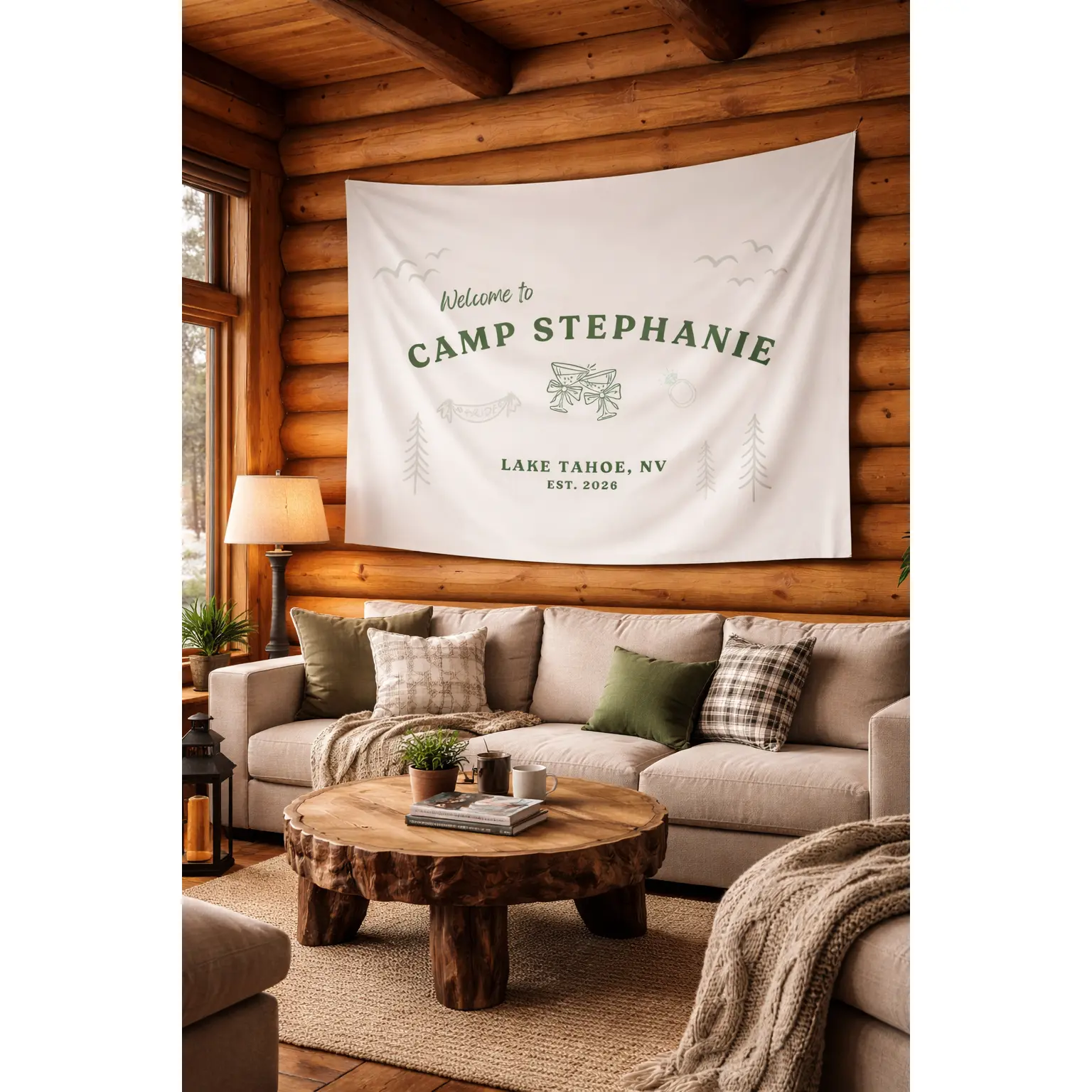 Classy Customizable Camp Bach Theme wall tapestry | Neutral Colors Green Bachelorette Decor Birthday Banner personalized Custom