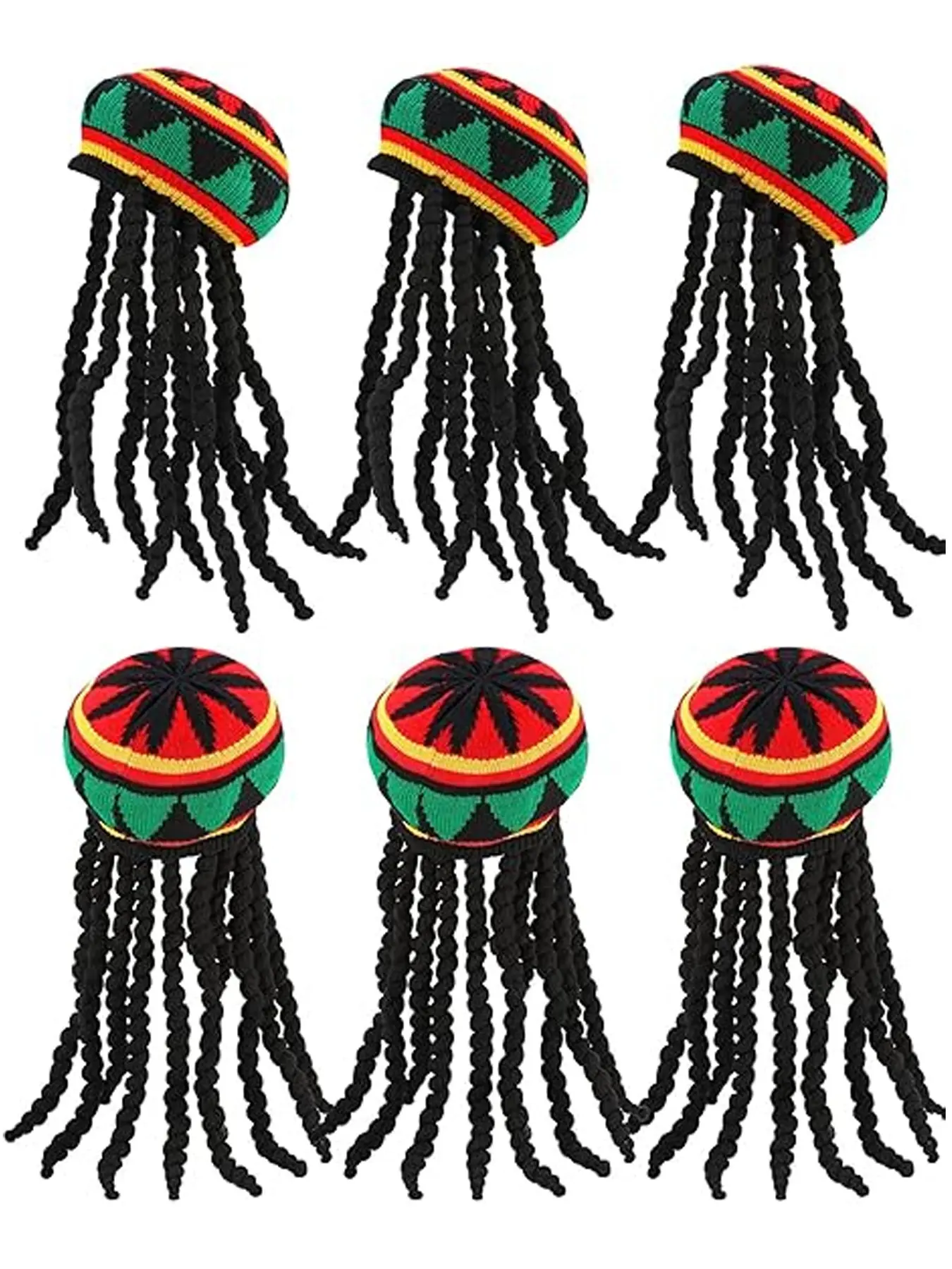 6 Pcs Rasta Hat with Black Dreadlocks Rasta Wig with Cap Reggae Jamaican Hat with Long Braided Synthetic Hair for Party Costume Accessory Party Essential Statement Cap