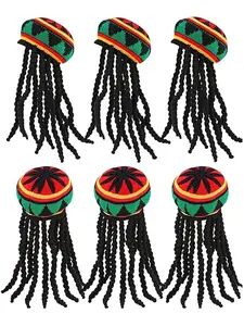 6 Pcs Rasta Hat with Black Dreadlocks Rasta Wig with Cap Reggae Jamaican Hat with Long Braided Synthetic Hair for Party Costume Accessory