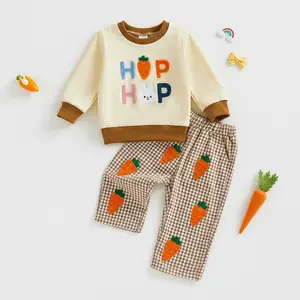 Toddler Girl Boy Easter Outfit Long Sleeve Crew Neck Carrot Rabbit Embroidery Sweatshirt and Plaid Pants Set Toddler T-shirts Plaid Elastic Waist Pants 2 Piece Set