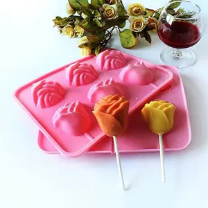 Romantic Rose Lollipop Silicone Mold 6-Cavity 3D Flower DIY Chocolate Ice Cream Cheese Stick Mould Food Grade Heat Resistant