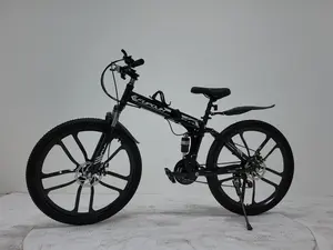 Off-road folding mountain bike with integrated wheels + dual disc brakes + front and rear shock absorbers. High off-road capability. Lightweight and portable design.