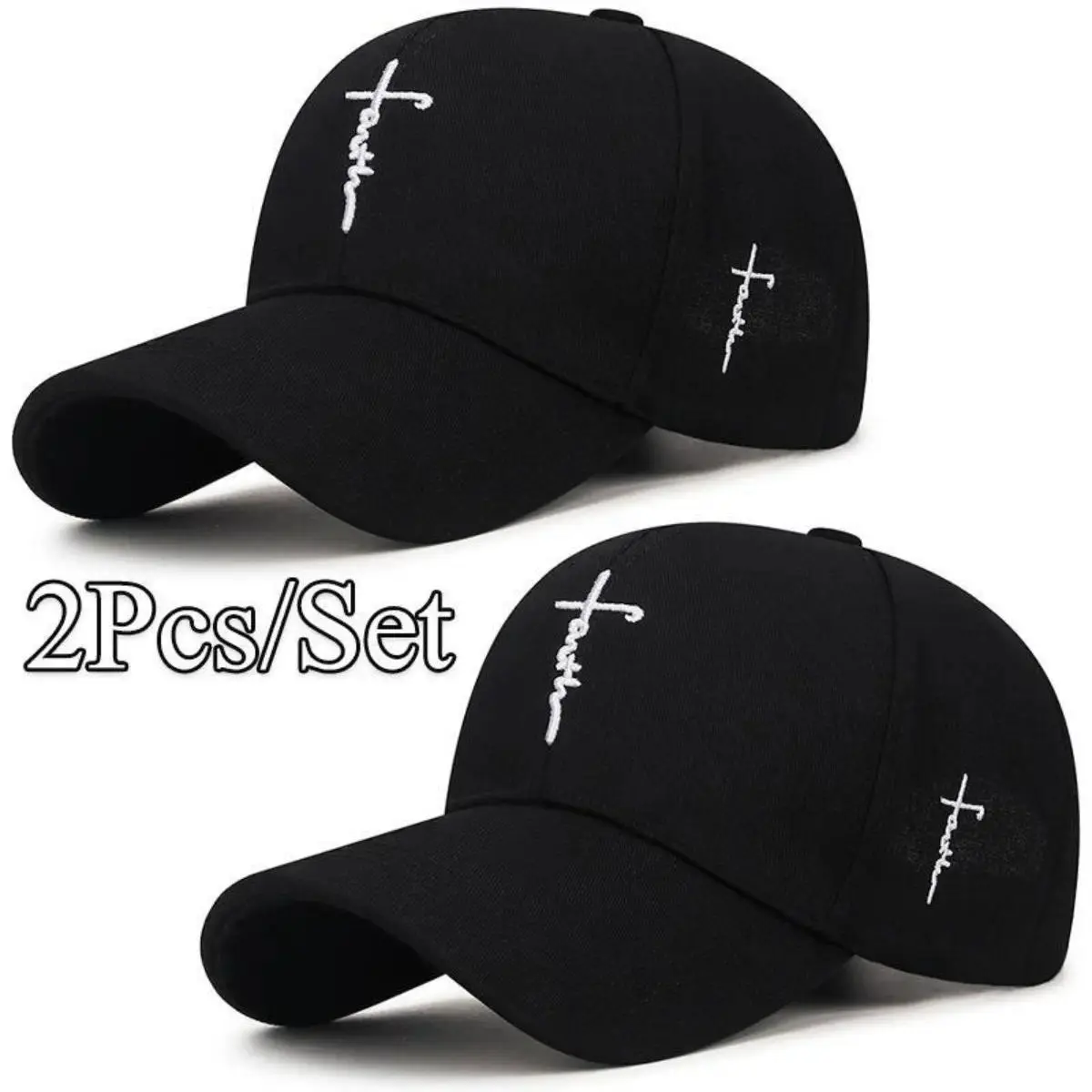 Unisex 2PCS Christian Cross Cap Set - Luxury Embroidered Gothic Cross Black Snapback Dad Hats, UV-Prevention Breathable Fitted Cotton, Comfortable Street Style, Ideal for Casual Church Use with Reusable Bag, Matching Black Hats