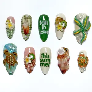 S132 Fall in Love This Summer Press-On Nails, 3D Sea Turtle & Shell Art, Kiwi & Starfish Details, Tropical Beach Vibes, Solana Nails Town