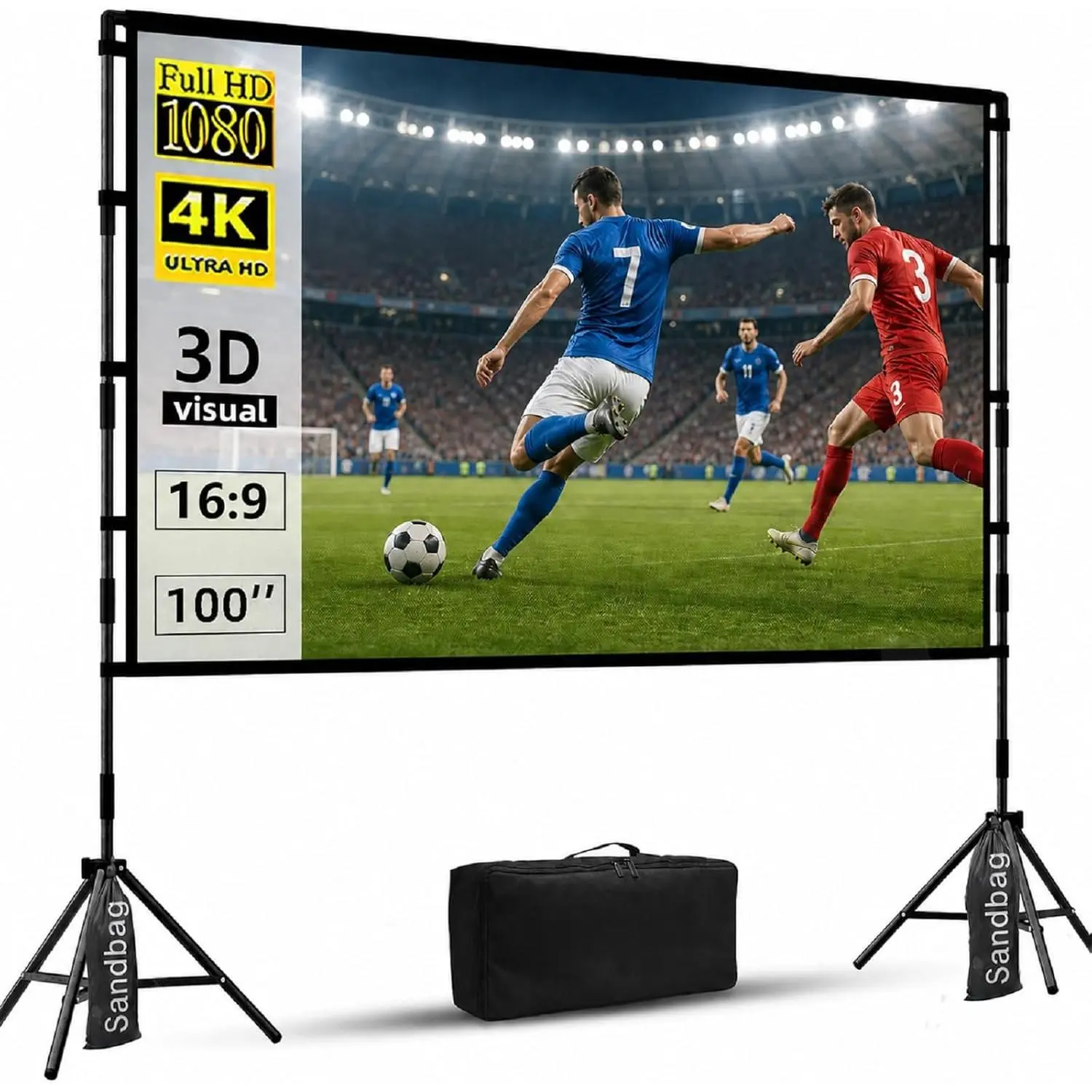 Projector Screen with Stand, 100 inch Outdoor Projector Screen Portable Indoor Projection Screen 16:9 4K Rear Front Movie Screen with Carry Bag for  Backyard Theater 100 inch