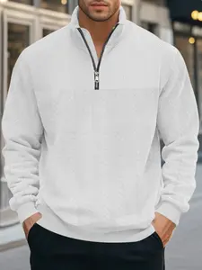 Men's Jacquard Knit Fitted Stand Collar Half-Zip Long Sleeve Pullover Sweatshirt, Outdoor Casual Sporty Essential, Must-Have Men's Wardrobe Item, Menswear