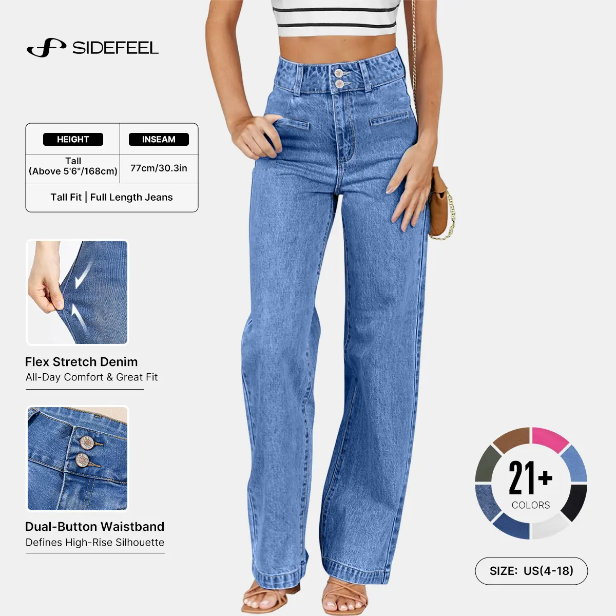 Sidefeel Women's Jeans High Waisted Straight Leg Stretchy Jeans Trendy Welt Pockets Loose Wide Leg Zimbaplatinum Denim Pants DealsForYouDays summerwins WeeklyDeals Summer Outfit