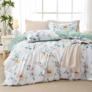 JOLLYVOGUE Duvet Cover Queen Size, Reversible Floral Vintage Duvet Cover Set with Zipper Closure, 3 Pieces Botanical Patterns Soft Microfiber Bedding Set (90"x90", 2 Pillow Cases, Colorful Green Branch)