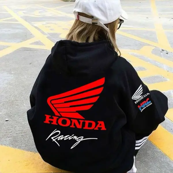 Honda Racing Wing Logo Hoodie – Black Oversized Streetwear Pullover, Bold Red & White Graphic for Biker Girls and Moto Fans, Unisex Sweatshirt for Men and Women