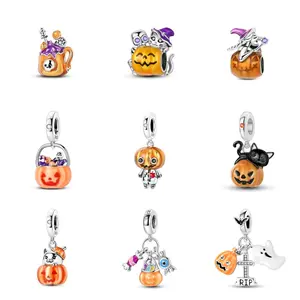 MULA S925 silver plated Halloween jewelry collection, including spooky pumpkins, witch cats, ghosts, cute monsters, perfect holiday jewelry gifts for women and girls, compatible with Pandora bracelets