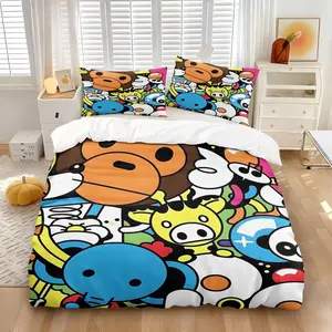 Colorful Cartoon Animal Monkey Collage Duvet Cover Set (1 Duvet + 2 Pillowcases, No Core), Soft Breathable Fabric, All-Season Cute Street Style Bedding for Kids Bedroom