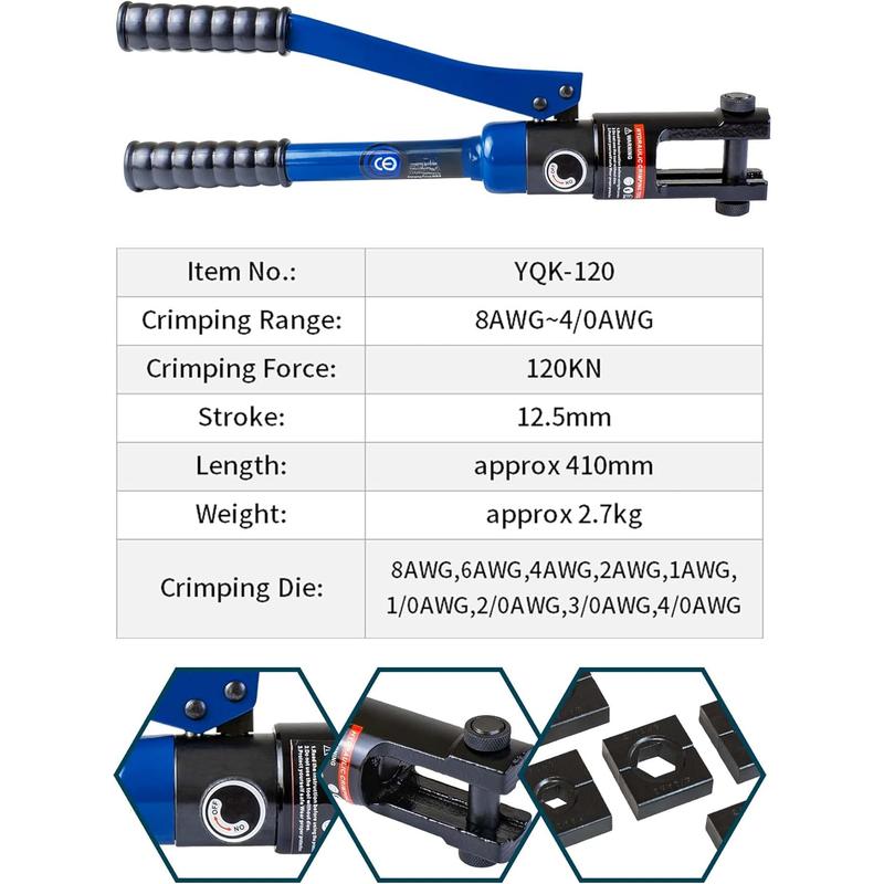 12 Ton Hydraulic Crimping Tool with 9 Standard Dies, Crimps 8AWG to 4/0 AWG, Hardened Steel Construction with Oxidized Surface for Durability(Standard 8AWG to 4/0AWG) 12 Ton Hydraulic Crimping Tool with 9 Standard Dies, Crimps 8AWG to 4/0 AWG, Hardened Steel Construction with Oxidized Surface for Durability(Standard 8AWG to 4/0AWG)