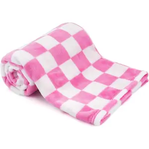 Plush Checkered  Blanket for Boys Girls , 30"*40" Warm Short Fleece Blanket Neutral for  , Small Fuzzy for Sleeping, Chenille  for  (Pink&White)