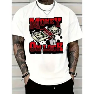 'MONEY ON LOCK' Graphic T-Shirt - Oversized Streetwear Tee with Bold Red & Money Print, Stacked Cash & Golden Chain Design - Hip Hop Fashion Loose Fit Crew Neck Short Sleeve Shirt for Casual Wear, Rap Artist Outfits & Statement Gifts