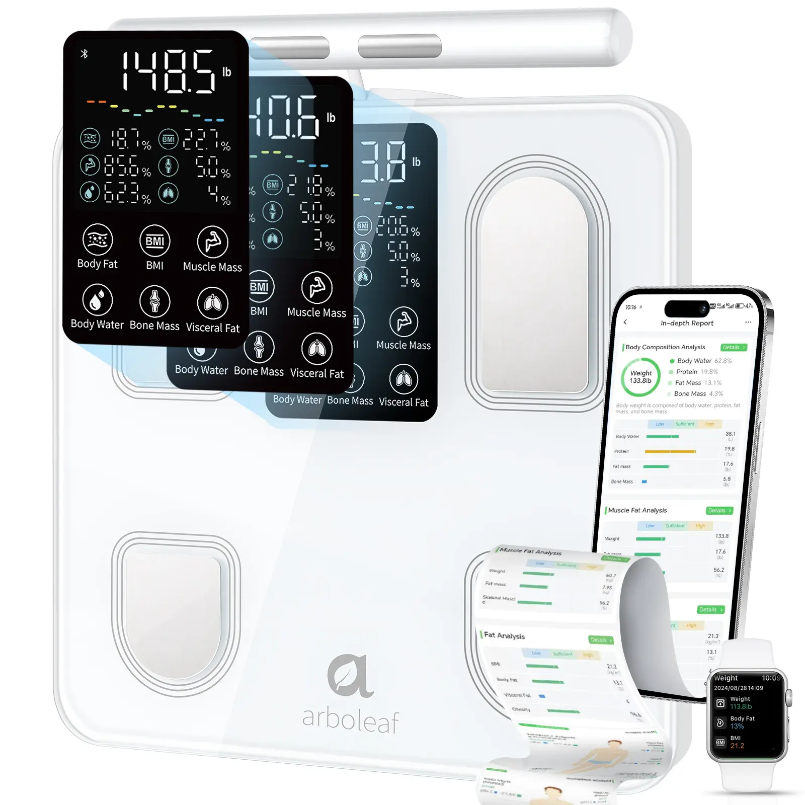 Arboleaf Smart Bathroom Scale, 8-Electrode Full Body Composition Analyzer, 26 Body Metrics High Precision Digital Weight Scale with App Sync for Home Health Tracking