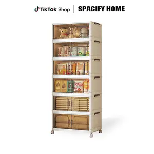 SPACIFY HOME Foldable Storage Bins 76QT with Lid, Magnetic Doors & Lockable Wheels, Stackable storage Boxes for Living Room, Office, Kitchen, Dorm