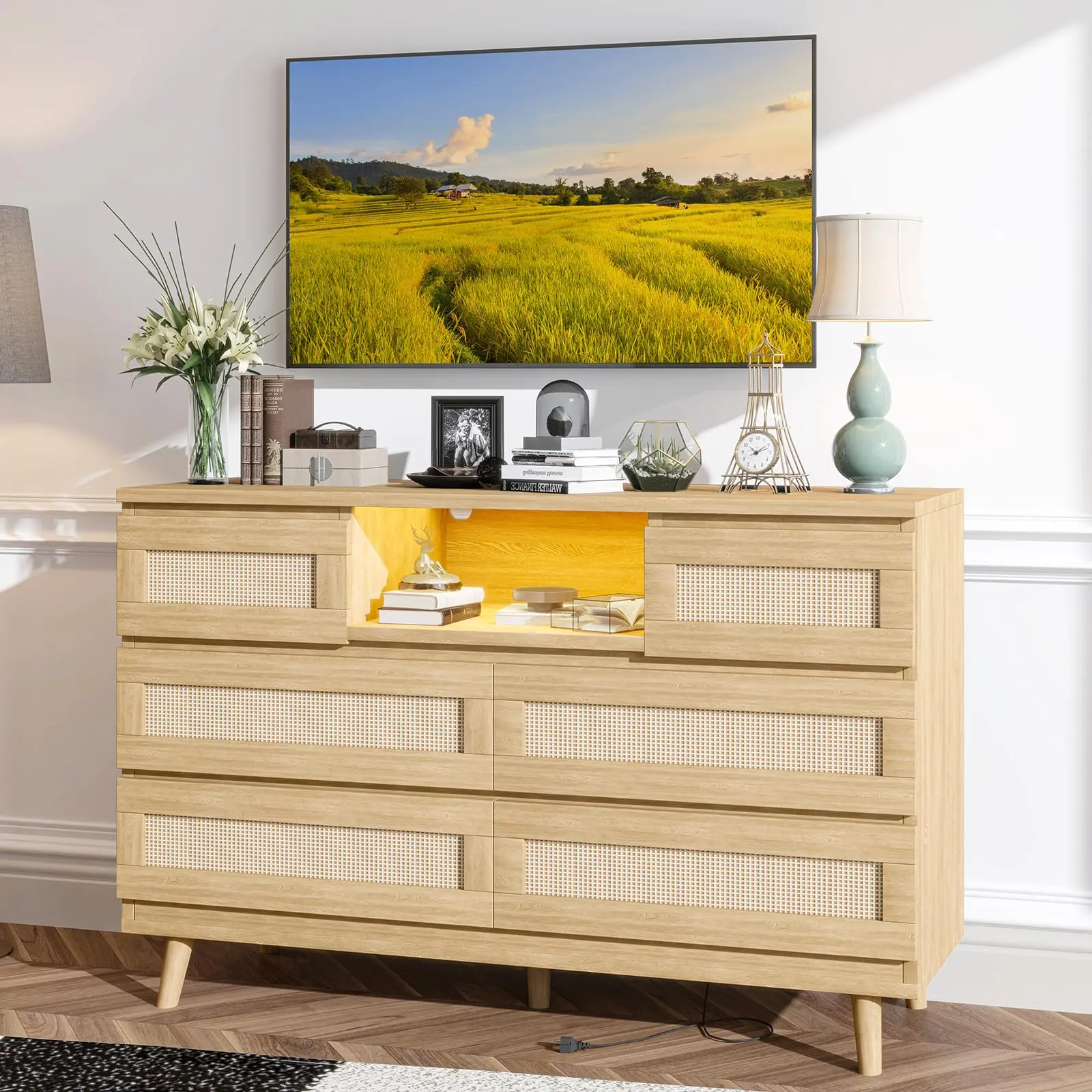 Rattan 6 Drawer Dresser, 47 Inch Wooden Chest of Drawer with Power Outlets, Led Lights, An Open Drawer, Modern Farmhouse Narrow Dresser for Bedroom, Living Room, Entryway