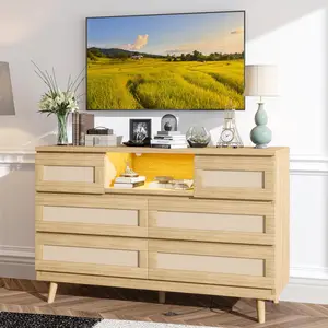 Rattan 6 Drawer Dresser, 47 Inch Wooden Chest of Drawer with Power Outlets, Led Lights, An Open Drawer, Modern Farmhouse Narrow Dresser for Bedroom, Living Room, Entryway