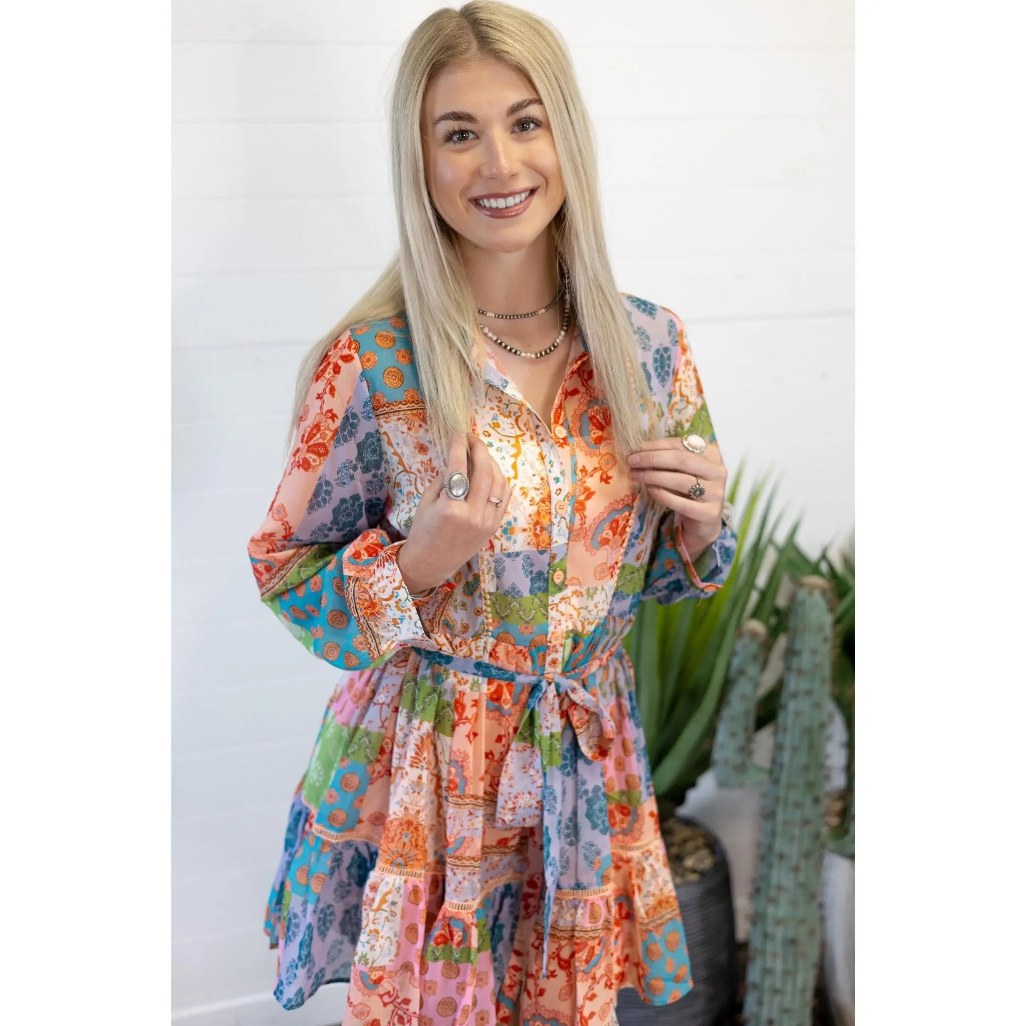 Sweet Generis Boho Floral Patchwork Chiffon Western Shirt Dress — Mid-Thigh with Collar & Adjustable Waist Tie